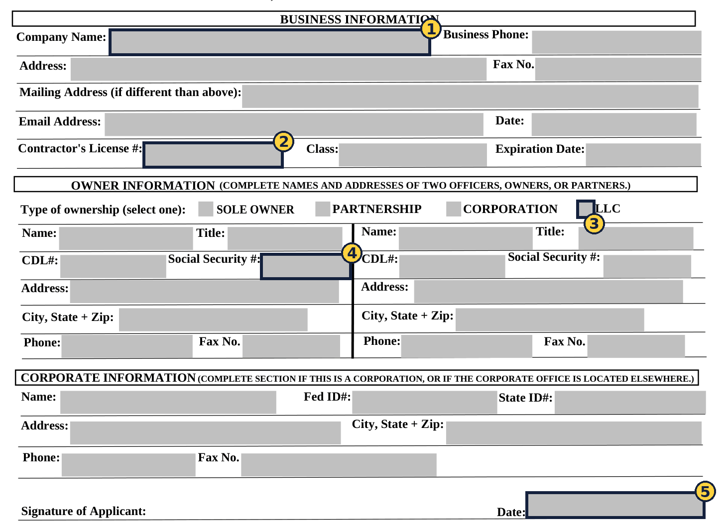 The fixed Chino form, with five fields outlined and numbered 1 to 5: company name, contractor's license number, the LLC checkbox, owner 1 Social Security number, and date signed.